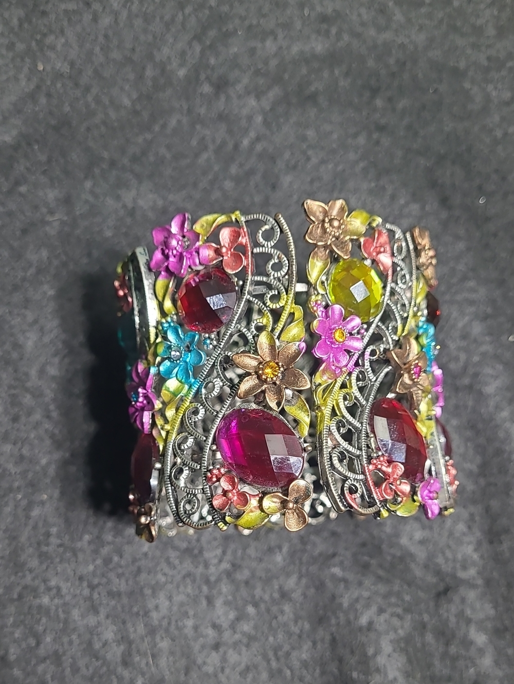 Floral Statement Cuff Bracelet with Multicolor Gem Accents